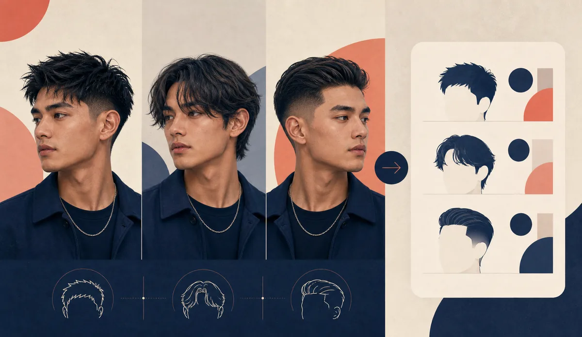 Three hairstyle directions compared on the same portrait beside simplified haircut reference cards