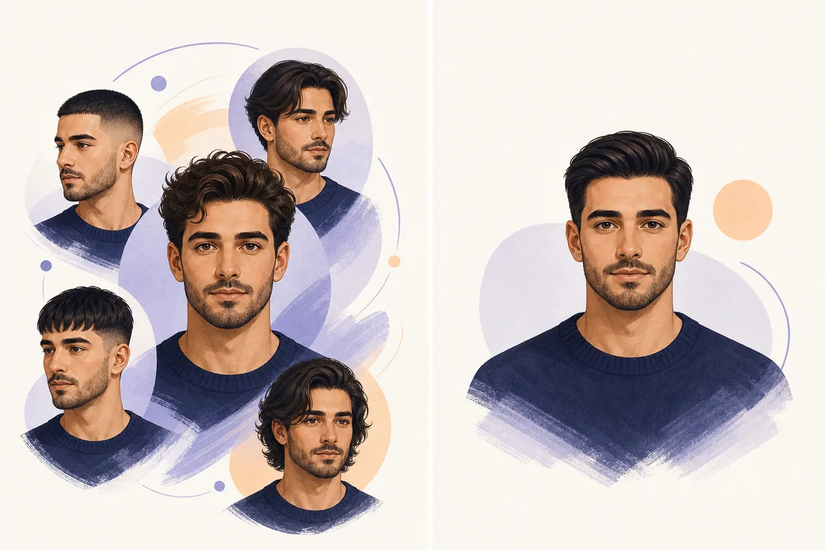 Editorial comparison of several AI hairstyle previews beside one simple haircut filter preview