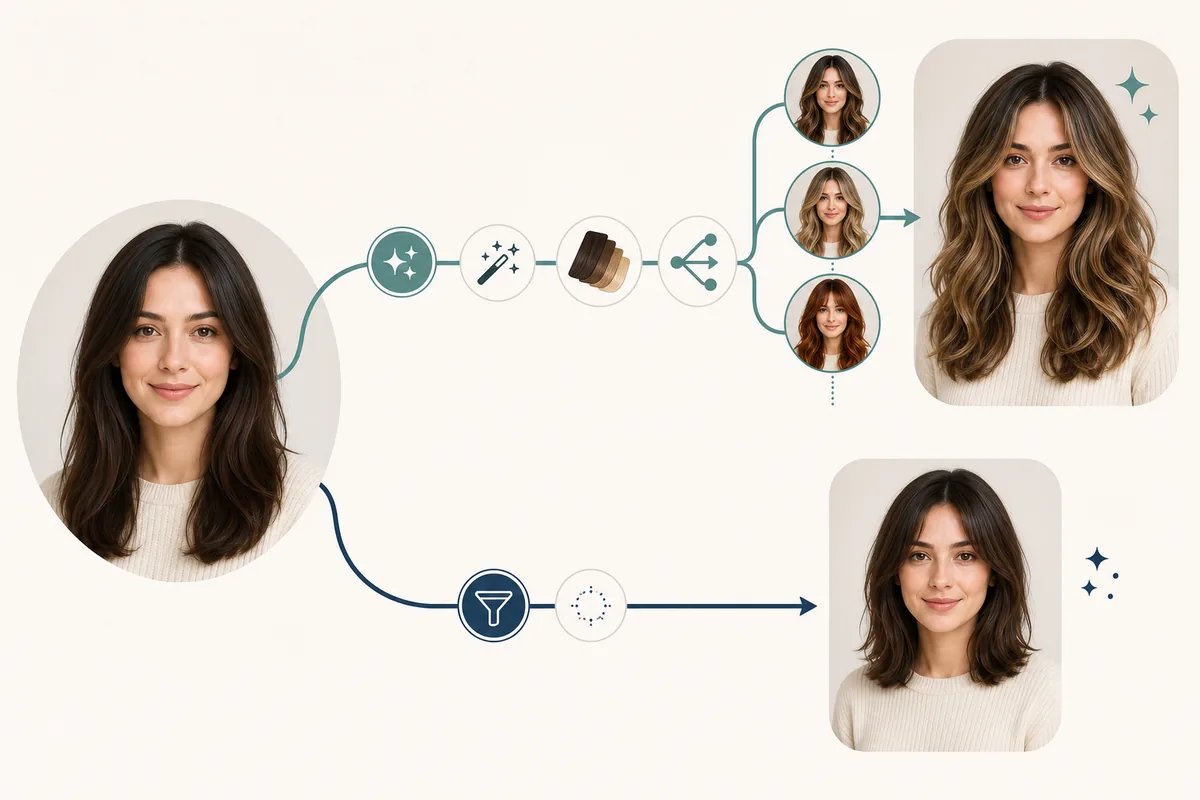 Editorial flow showing one portrait becoming several hairstyle directions or one simple filter preview