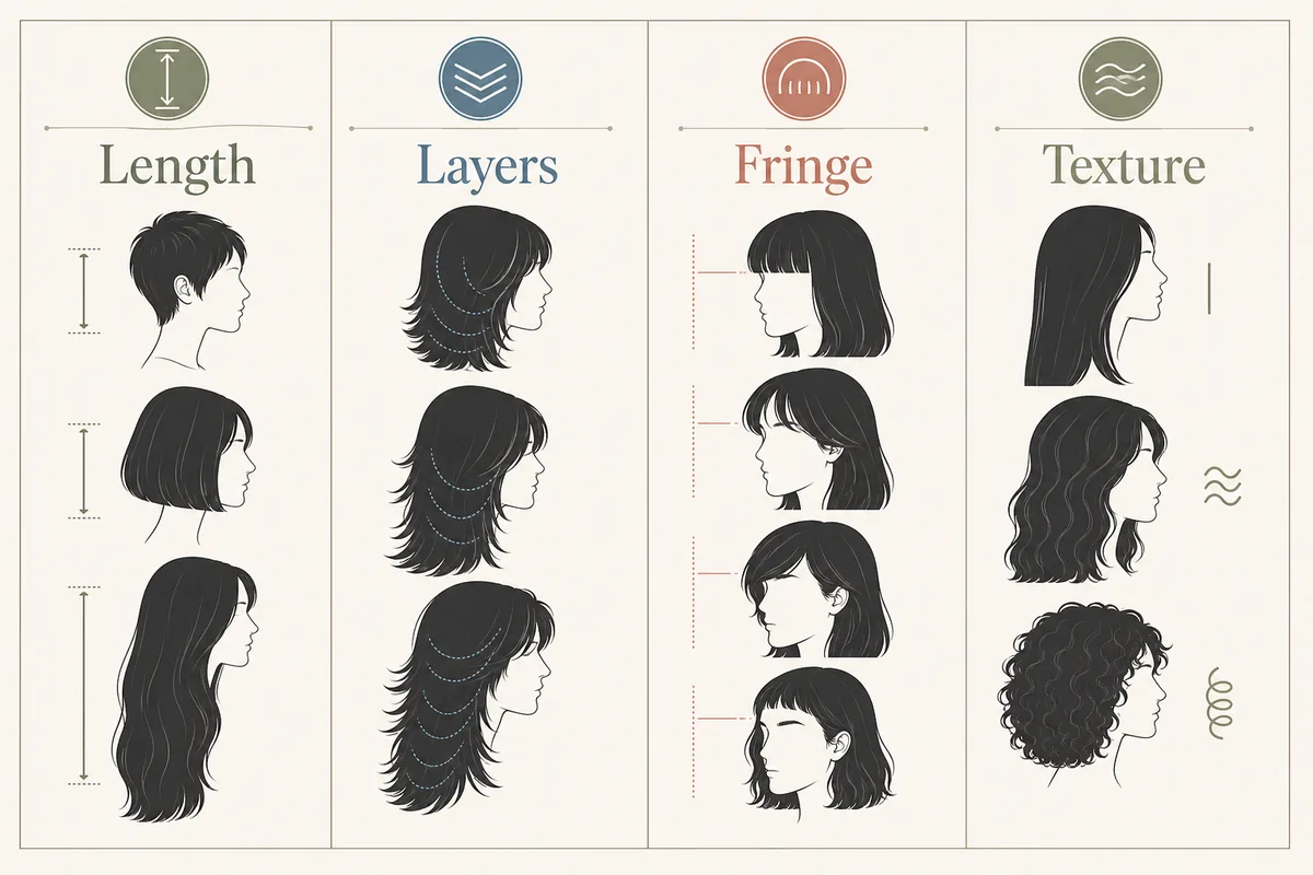 Graphique montrant longueur, couches, frange et texture pour identifier une coupe