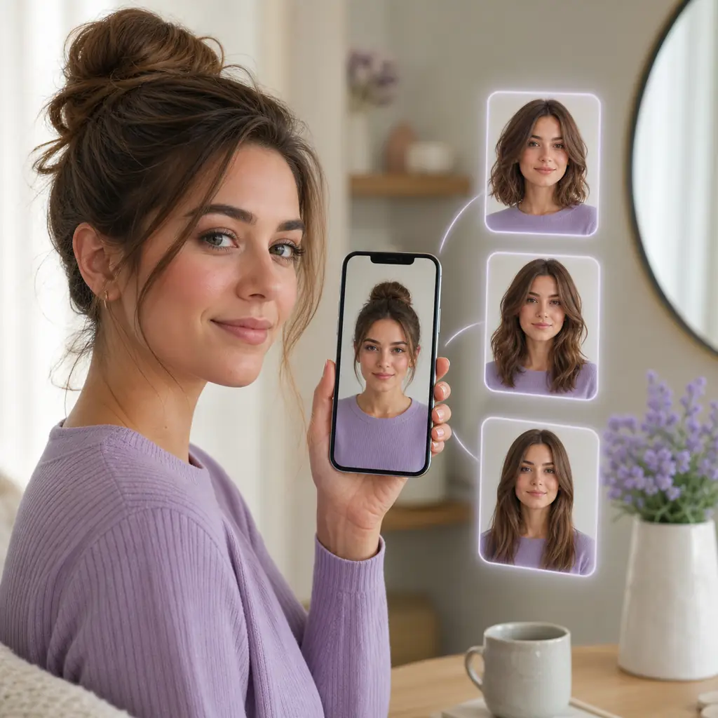 Persona sosteniendo un teléfono con varias vistas previas al probar peinados con una foto