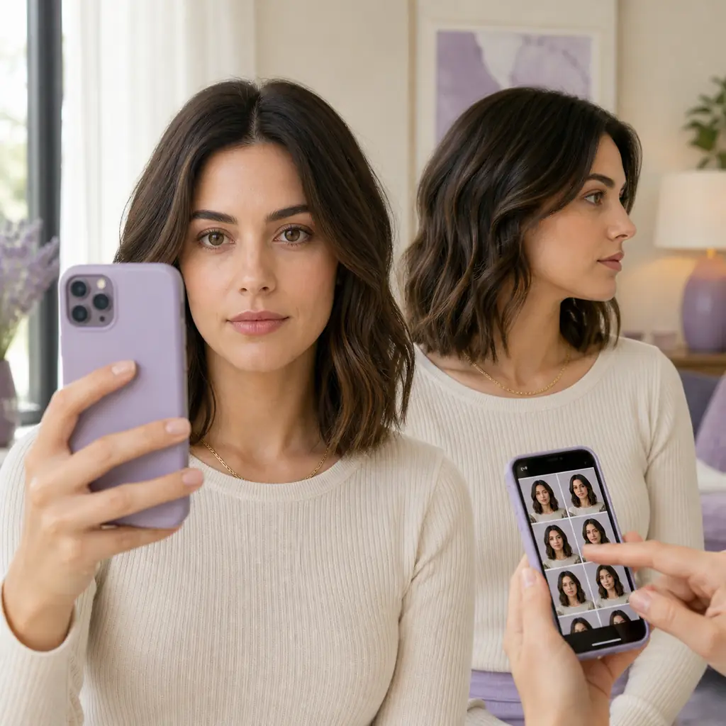 Preparación de un selfie frontal y una vista lateral para probar peinados