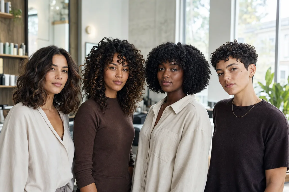 Cuatro personas con cortes ondulados, rizados, afro y cortos