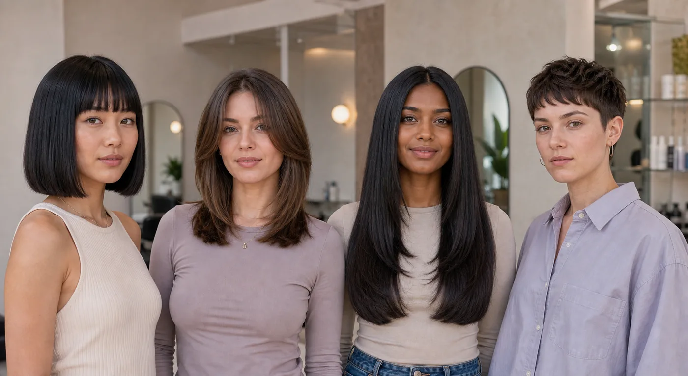 Quatro pessoas com bob reto, camadas médias, cabelo longo e corte curto